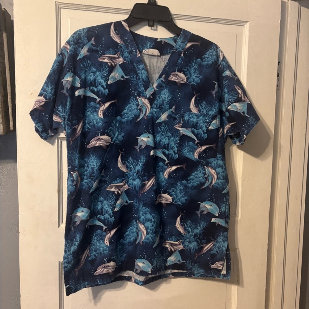 Casual Blue Dolphin Print Button Down Shirt